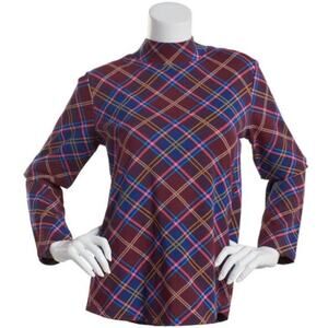 Erika Women's Pullover Long Sleeve Mock Neck Cotton Tee T-Shirt in Wine Plaid